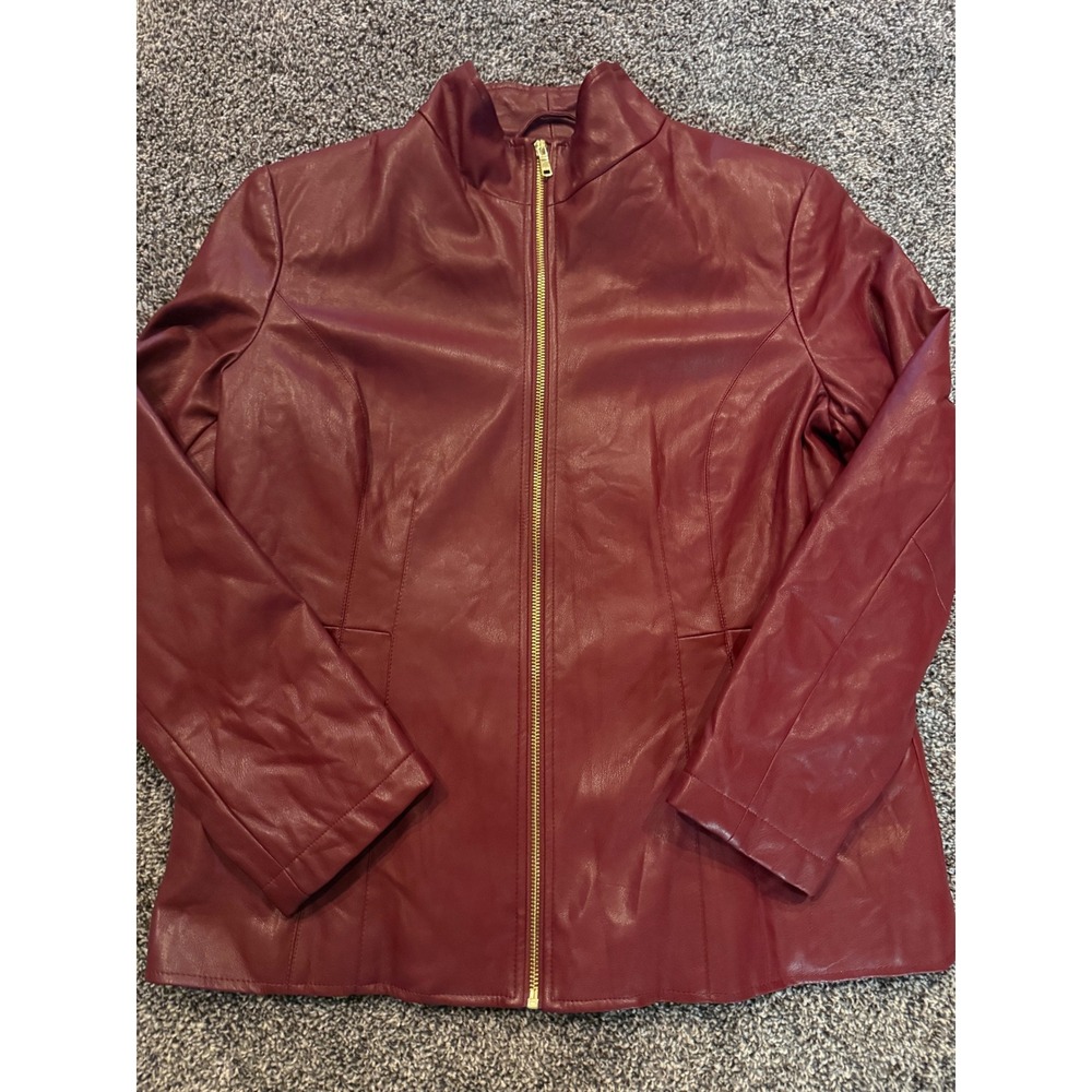 Cole Haan Signature Burgundy Faux Leather Quilted Lining Zip Jacket Large